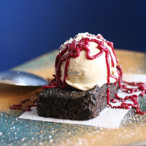 Date brownie with KAJU vegan ice cream on top! at Earthly Delights in Cairo