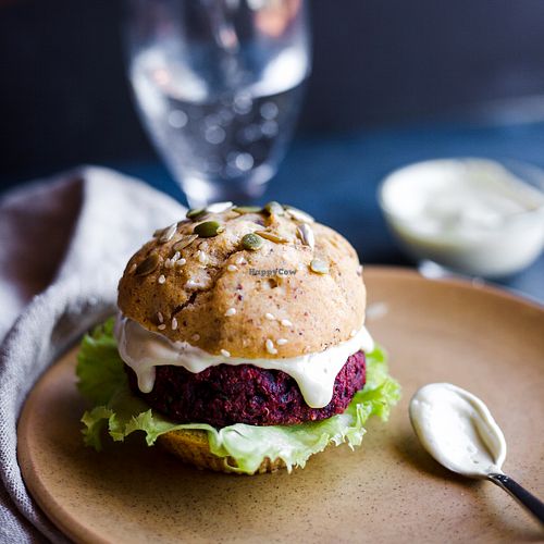 Beetroot & Quinoa burger in a gluten-free bun! at Earthly Delights in Cairo