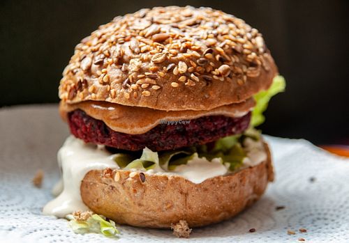 The beet burger in a wholewheat bun! Look at that sexy cashew sauce... at Earthly Delights in Cairo