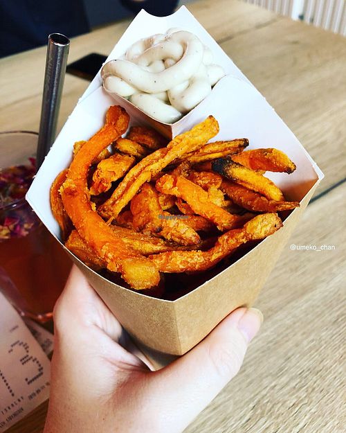 Sweet potato fries with mayonnaise  at Vegab in Krakow