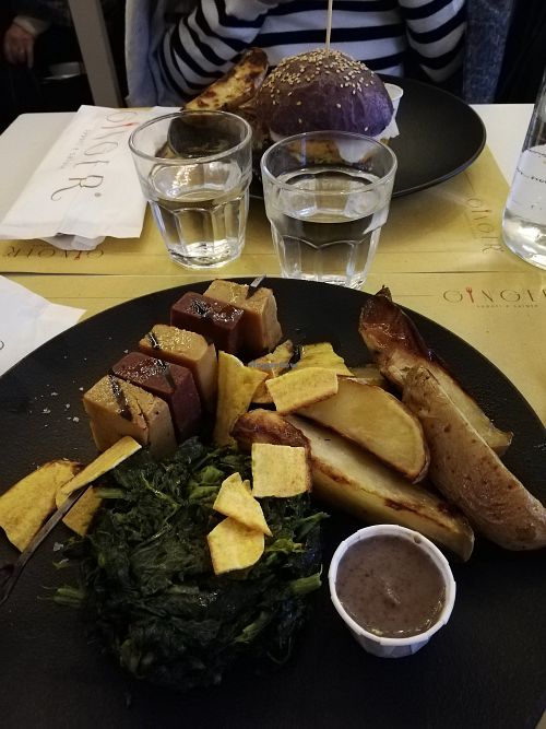 Vegan seitan spiedino with veggies and roasted potatoes at Ginger in Rome