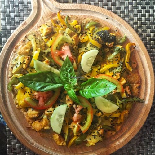 sweet potato and tofu pizza  at Jalus Vegan Kitchen in Hanoi