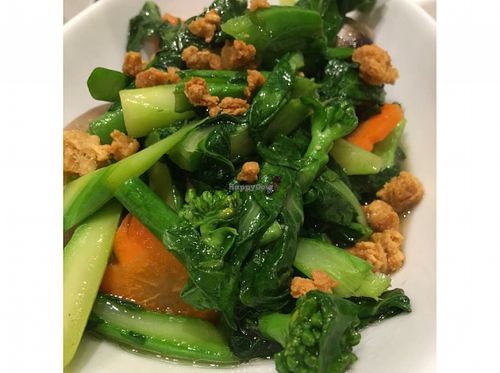 Stir Fried Kai Lan with mushroom and carrot. at Pepper Jade Thai Vegetarian Cuisine in Central Singapore