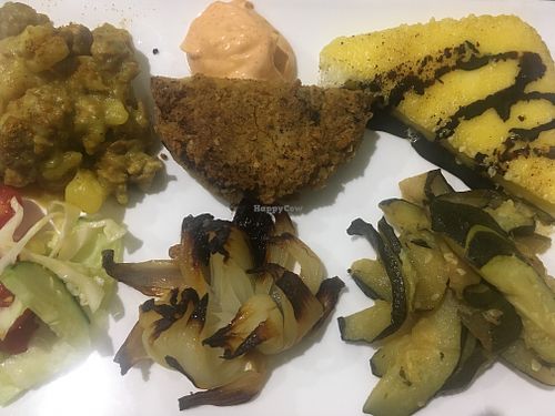 Soy stew, chickpea burger, grilled cheese with balsamico and mixed veggies at Vibrazioni Vegetali in Abbiategrasso