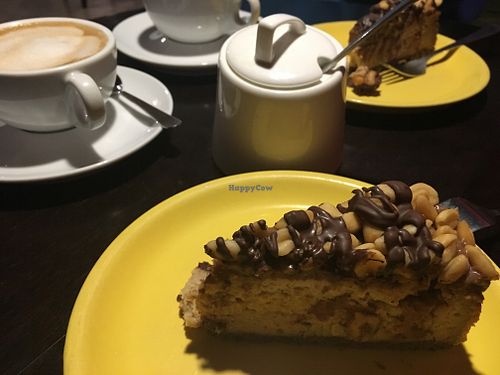 Vegan cake (tofu snickers) & vegan cappuccino at Bonobo in Krakow