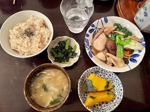 Miso, brown rice (I went for the big portion), greens, steamed squash, vegetables, mushrooms and tofu  at Monk's Foods in Tokyo