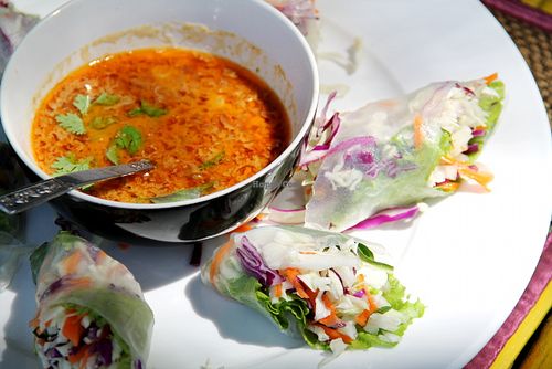 Asylum summer rolls with good peanut dip sauce.  at Asylum in Koh Lanta