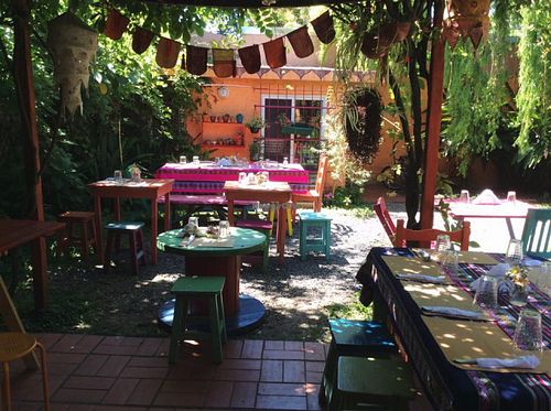 Cozy outdoor seating under the weeping trees at La Cocina de Daksha in Tigre