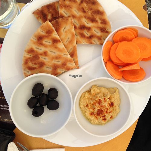 hummus plate with pita crunchy bread and olives  at cacao in Prague