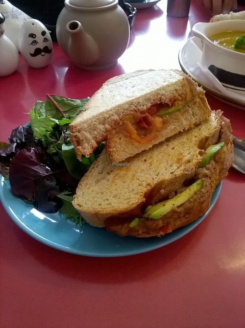 Refried beans, avocado and salsa toastie with salad at True Coffeehouse in Newcastle Upon Tyne