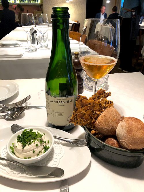 Vegan couvert: almond cheese and breads at Brasserie Godot in Stockholm