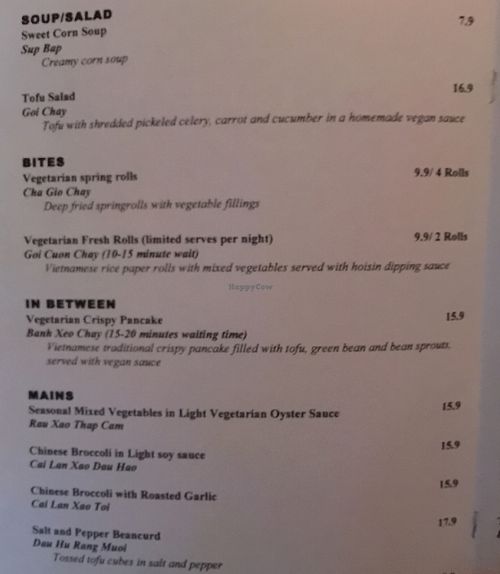 Menu 1 at Bay Hong in Darlinghurst