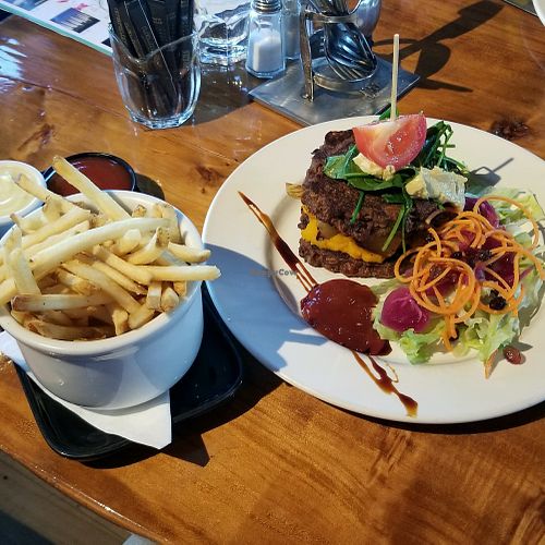 Great veggie stack & fries with great aioli ~ Yum! at Bach on Breakwater in New Plymouth