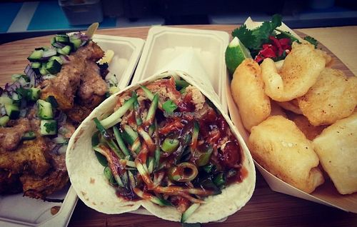 Our Satay chickn, Peking Duck wrap and Salt n Pepper Squid. at Woking Amazing in Northcote