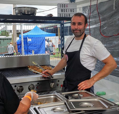 Mike grilling some chicken skewers, marinated in lots of spices, coriander, lime which will be served with a satay sauce. YUM at Woking Amazing in Northcote