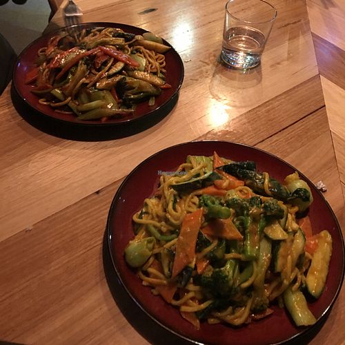 Vegan satay hokkien noodles and vegan mongolian hokkien at Wok'd in Berwick