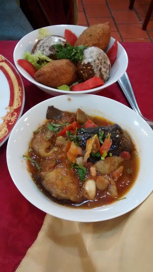 Hot dishes (moussaka, falafel and vegetables fritters) at Le Cedre in Nantes
