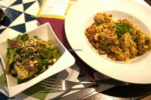 Scrambled 'eggs' and salad with the special 'secret' dressing - perfect! at GustaV in Salzburg