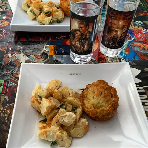 Vegan pies with potato salad. at Sweet Release in Wellington