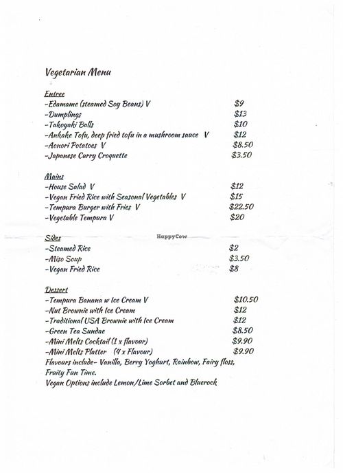 veg menu at Edo Japanese in Christchurch