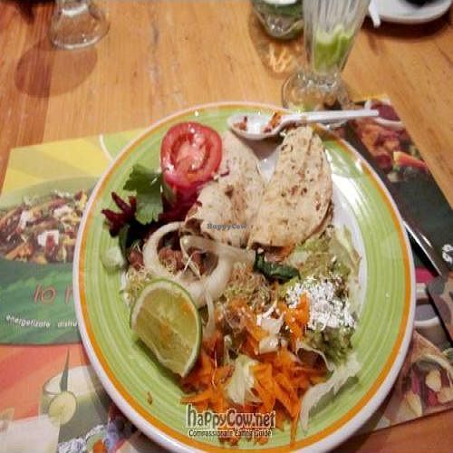 vegan tofu-scramble soft tacos and salad - yum. at 100% Natural in Cancun