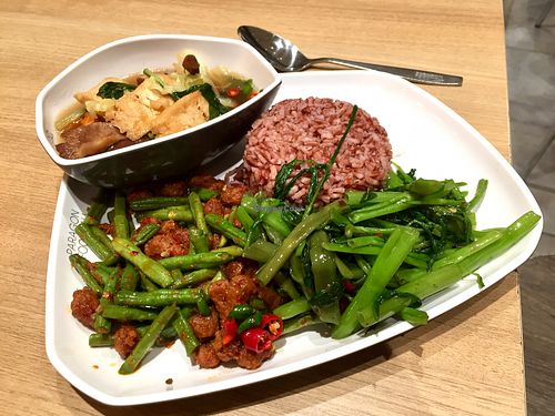 Yum! Brown rice with 3 dishes - 100 Baht at Walee Vegetarian in Bangkok