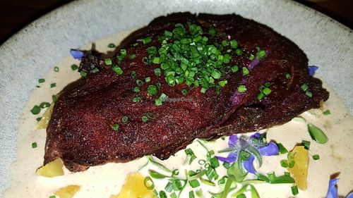 Crispy purple sweet potato on citrus aioli at Miss Kaplan in Tel Aviv