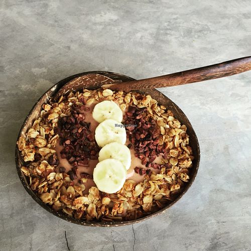 amazing cocoa nib, maca, granola, banana & soymilk smoothie bowl! at Pure Koh Lanta in Koh Lanta