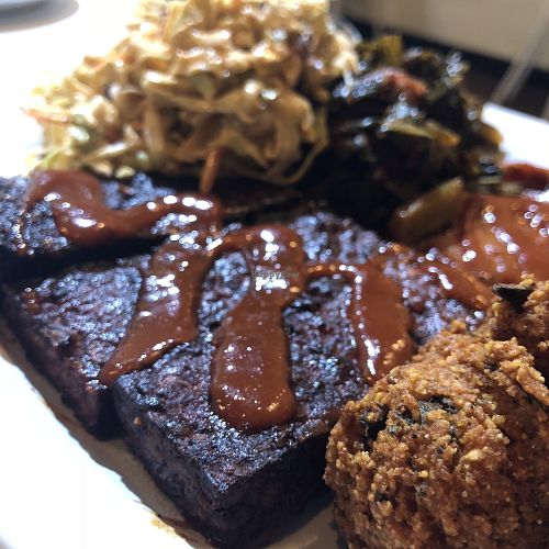 Combo Plate (Tempeh Ribs, H’yam) w/ Chipotle Slaw and Stewed Greens at Homegrown Smoker in Portland