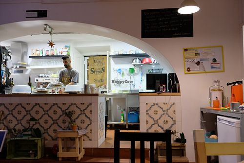 Kitchen area at Alcachofra Cafe in Faro