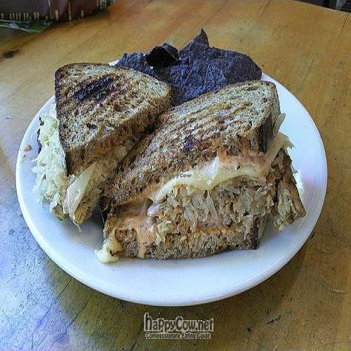 Tempeh Reuben Panini - Tempeh, Swiss cheese, sauerkraut and Russian dressing on rye bread at Oryana Natural Foods Market in Traverse City