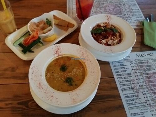 dal soup, bologneze pasta and hummus!  at Prasad in Yalta
