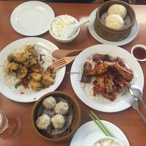 Salt and pepper mushrooms, dim sims, no pork BBQ buns, and eggplant at Green Gourmet in St Leonards