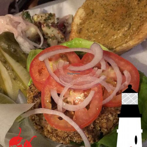 Veggie Burger with vegan German potato salad  at LFK in Portland