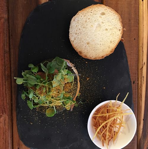 Burger with sweet potato 'fries' at Sattbar - 사뜨바 in Seoul