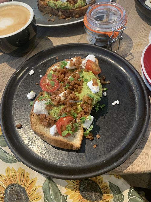 Gf vegan bacon & pea smash on toast   at Hot Numbers Coffee - Gwydir St in Cambridge
