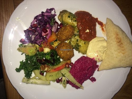 My favorite items from their buffet: the beetroot hummus, falafel, Warm Breda, potato salad, beetroot salad and more vegan options! at RizRaz - Kompagnistraede in Copenhagen