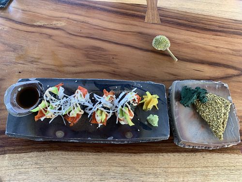 Raw vegan papaya Sushi and raw seed crackers (I added some fresh Spirulina that you get from Bali Spirulina) so delicious!!!  at Moksa in Ubud