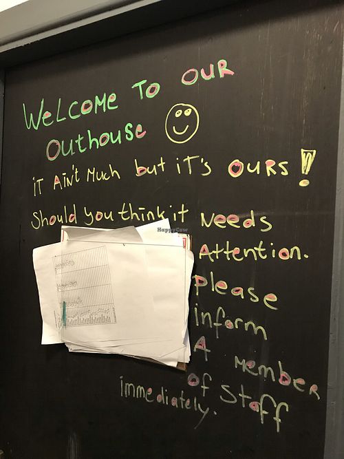 Sign in bathroom, which is outside down an alley at The Gourmet Offensive in Galway