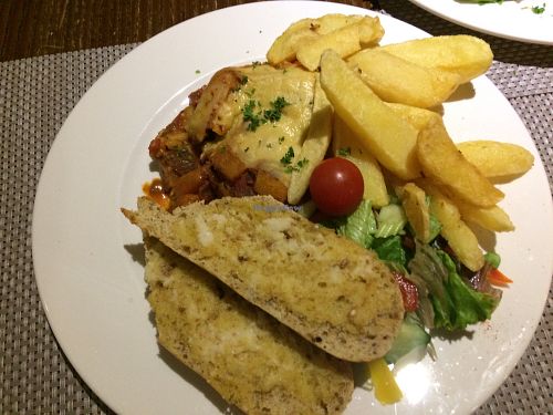 Vegan lasagna with garlic bread  at The Black Horse in Endon