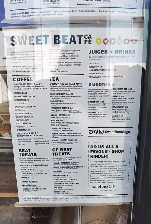 Menu at Sweet Beat Cafe in Sligo