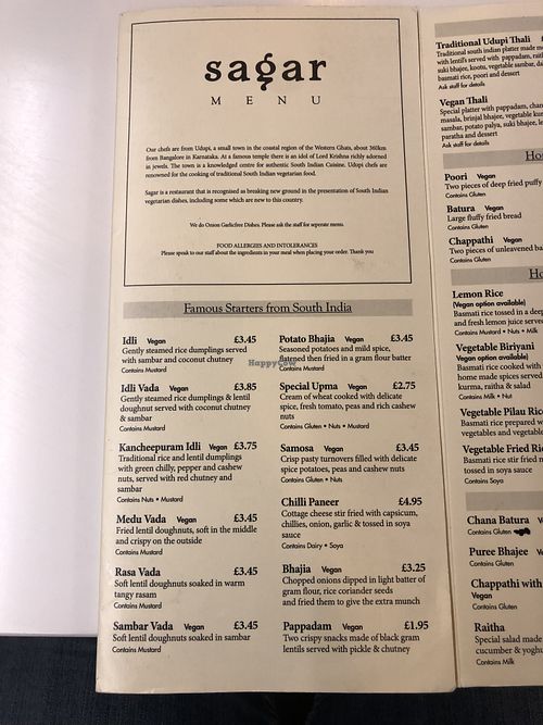 Starter menu at Sagar Vegan & Vegetarian Restaurant - Harrow in North West London