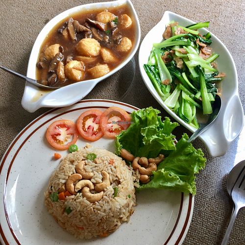 Tofu, greens and cashew rice at Lanmadaw Vegetarian Restaurant in Yangon