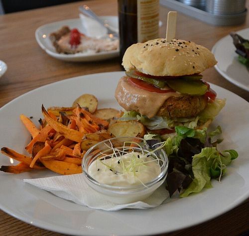 Thai burger with fried sweet potato and just potatoes. at Pastva in Prague