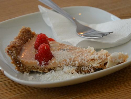 Coconut cheesecake with raspberries at Pastva in Prague