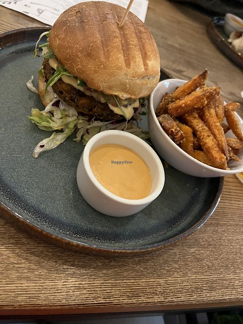 Black bean burger with sweet potato fries  at Pastva in Prague