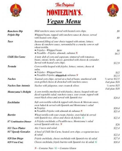 vegan menu at Montezuma's in Taringa