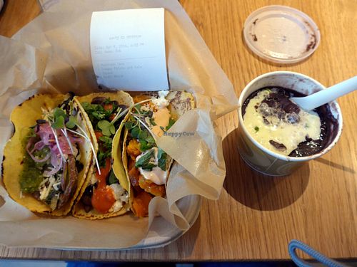 Chaia's farm-to-taco combo, the creamy kale and potato; the mushroom; and the butternut squash. Black beans on the side. at Chaia - Georgetown in Washington