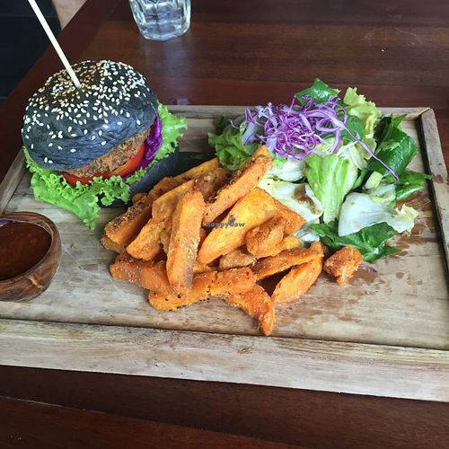 Vegan burger with sweet potato fries and salad. My other photo is the Be Strong smoothie which I labeled wrong! at Pels Supershop in Tibubeneng