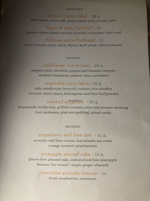 The vegan menu at Ferraro's Bar e Ristorante - Four Seasons Resort in Wailea